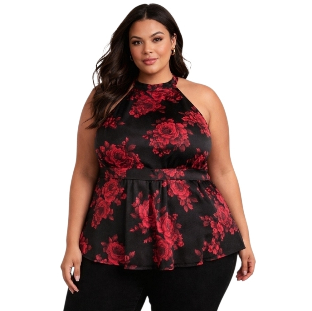 Torrid Black Red Rose Floral Halter Empire Waist Peplum Top size 4 (US 26/4X)